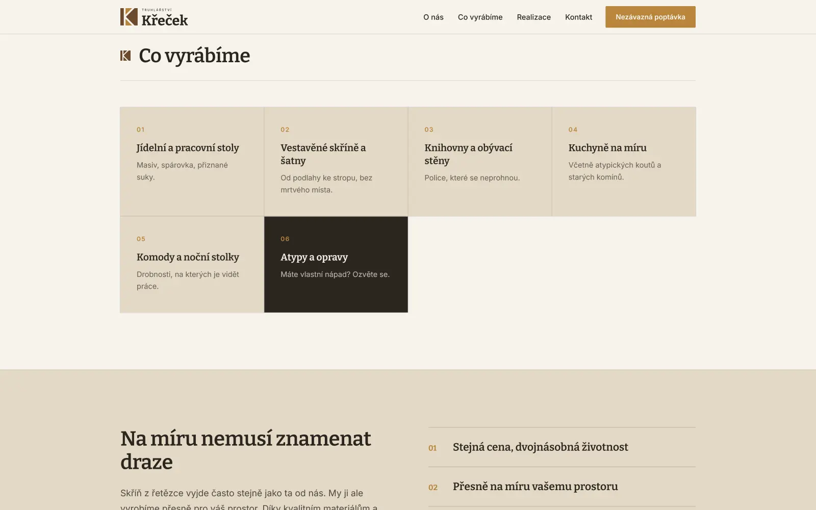 Přehled služeb truhlářského webu v elegantních kachličkách.