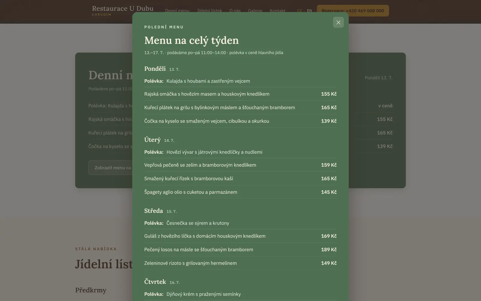 Přehledná denní menu po celý týden na webu restaurace.