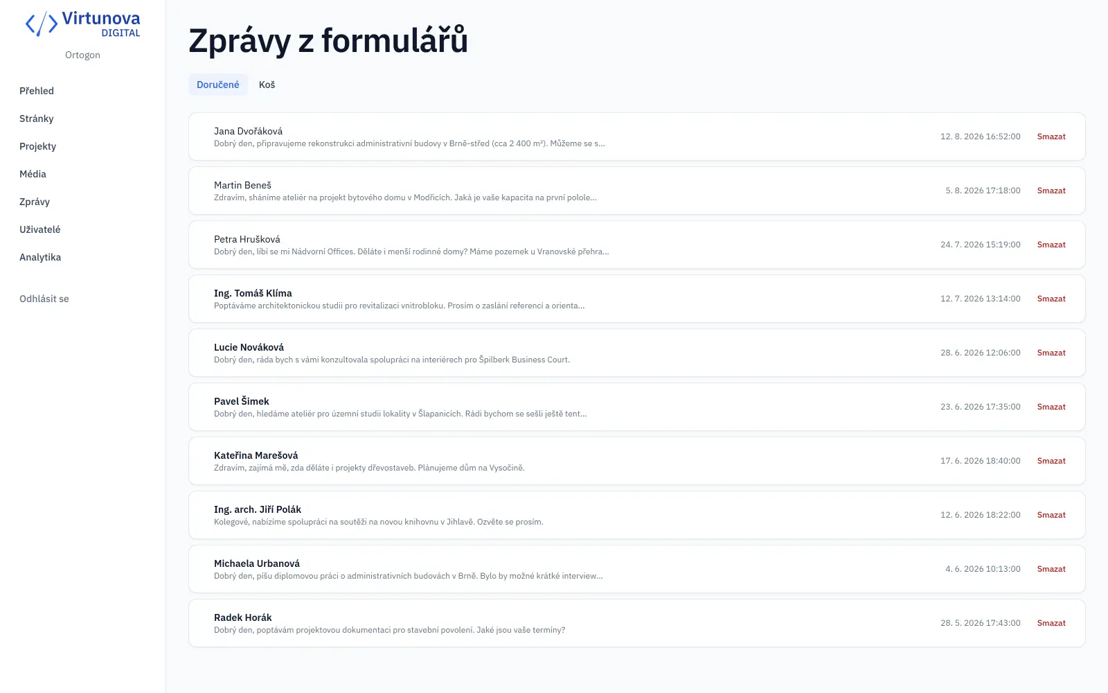 Stránka kontaktního formuláře. Obsahuje seznam přijatých zpráv, možnost zobrazit detail a smazat nepotřebné zprávy.