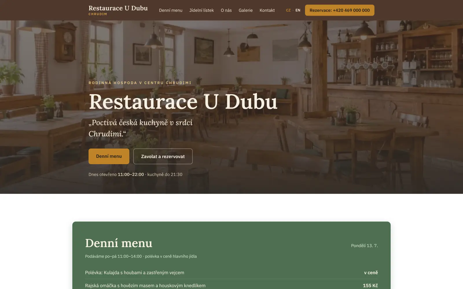 Hlavní panel ukázkového webu restaurace. Ukazuje výrazné tlačítko k rezervaci a k zobrazení menu pro daný den.